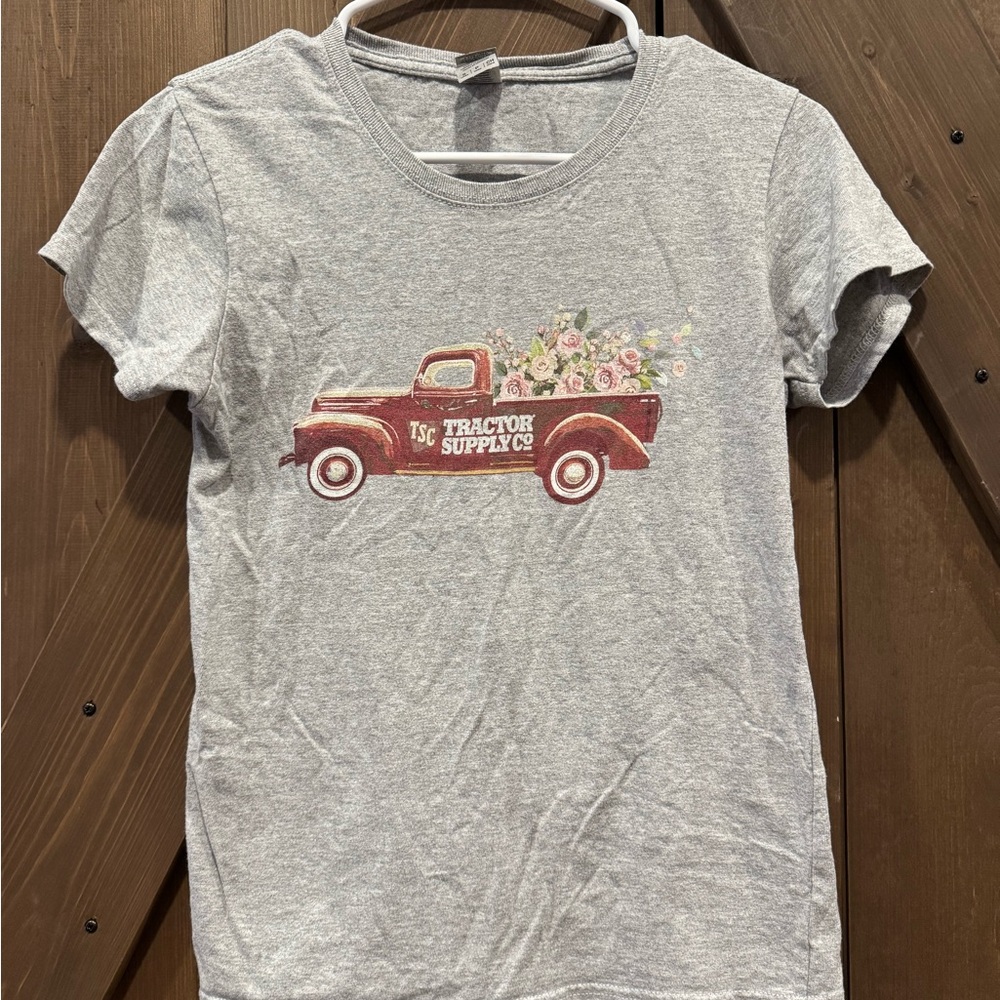 Gildan Gray Kids T-Shirt with Red Truck and Floral Design